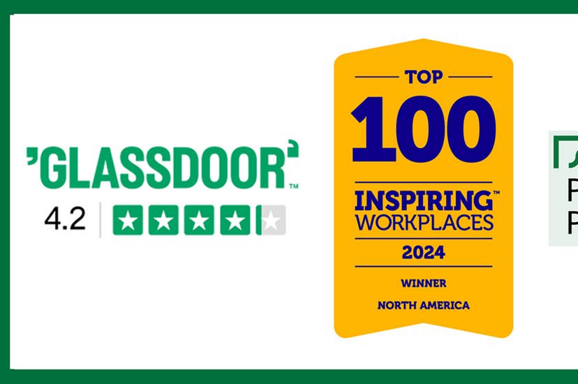 A collage of four badges: Glassdoor 4.2 star rating, top 100 Inspiring Places, Green 2.0 pay equity pledge participant, Military.com veteran hiring pledge.