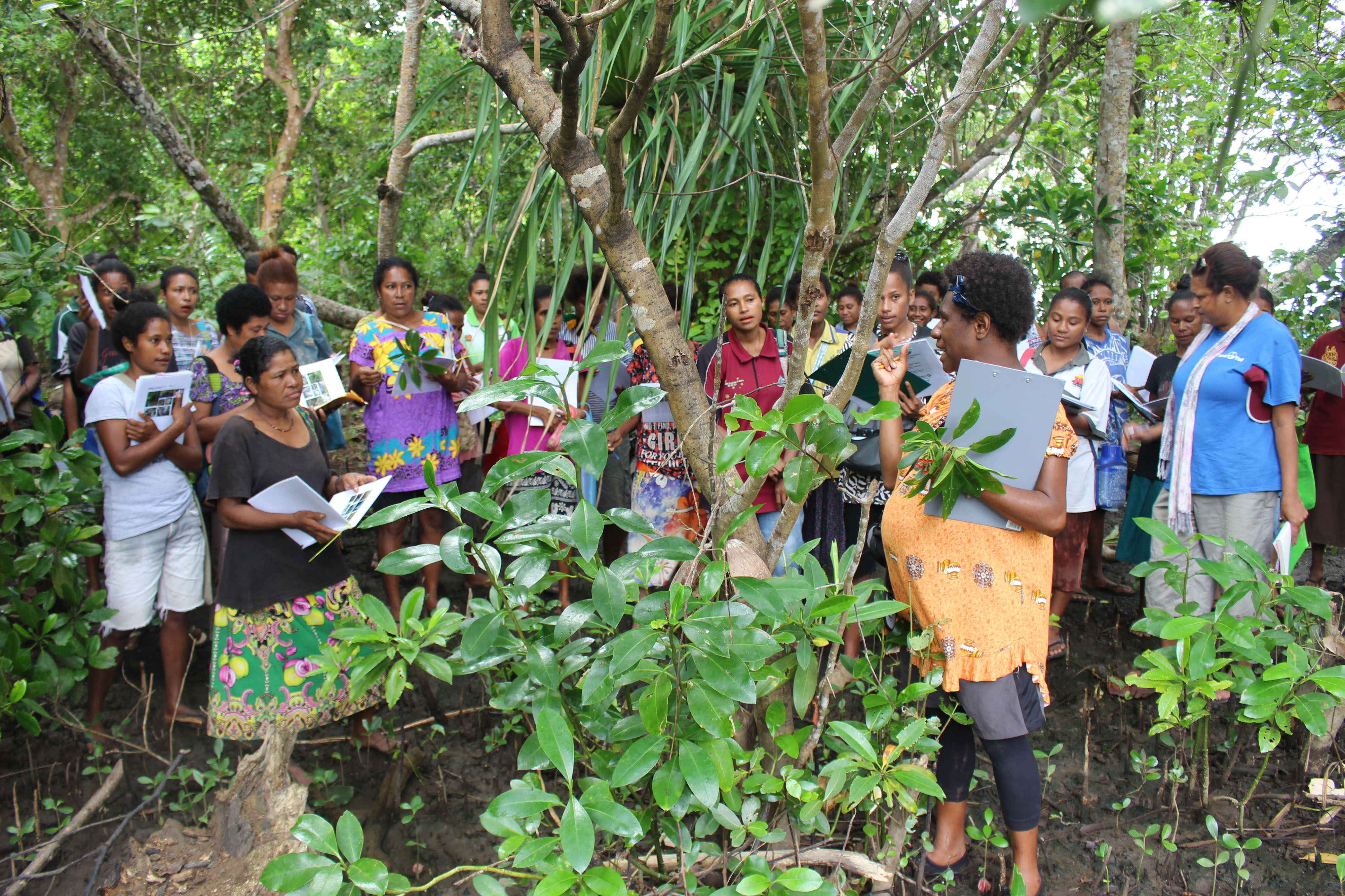 Large group of women of all ages stand around tree listening to instructor.