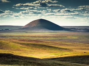 Aerial landscape of an extinct volcano in eastern Mongolia. 