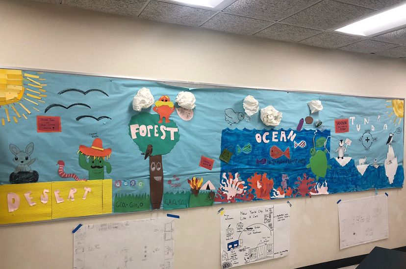 Made of colorful construction paper, a large diagram on a classroom walls shows desert, forest, ocean and tundra, along with info about organic chemical processes.