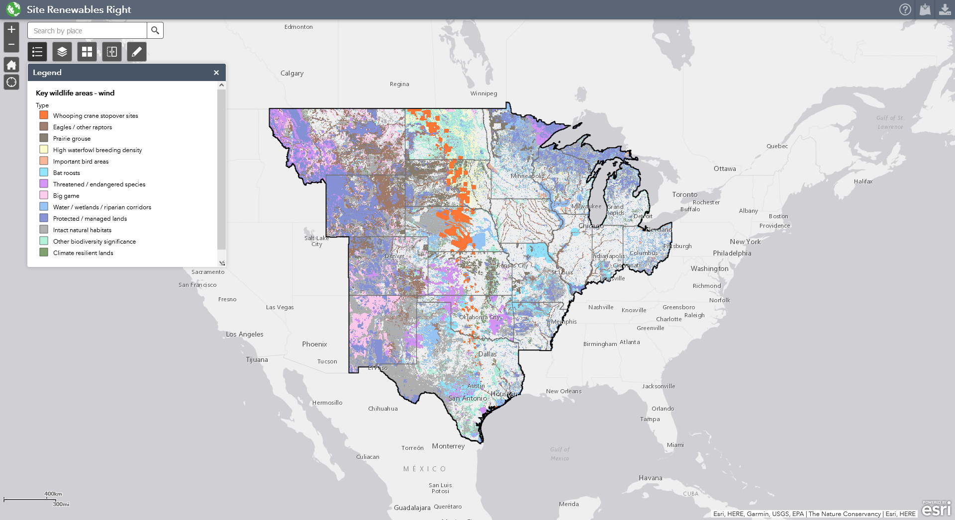 Map of the Site Renewables Right tool's wildlife layers in the central U.S.