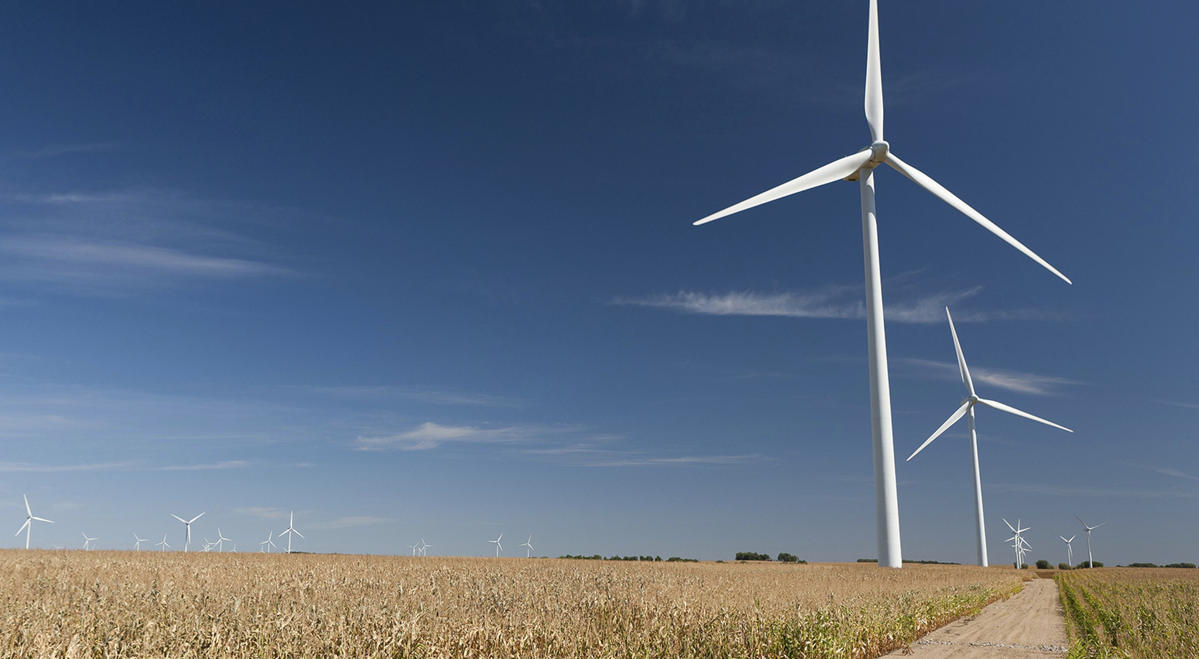 Wind turbines in daylight.