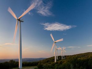 View of several wind turbines on a West Virginia ridge.