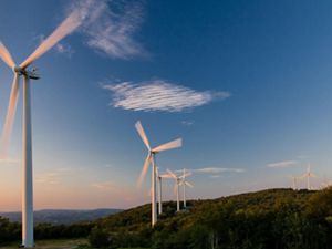 Wind farm turbines situated on a ridge top in the Appalachian mountains of West Virginia.