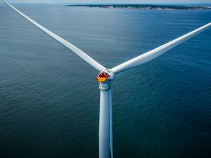 A wind turbine off the Atlantic coast near Rhode Island, USA. 