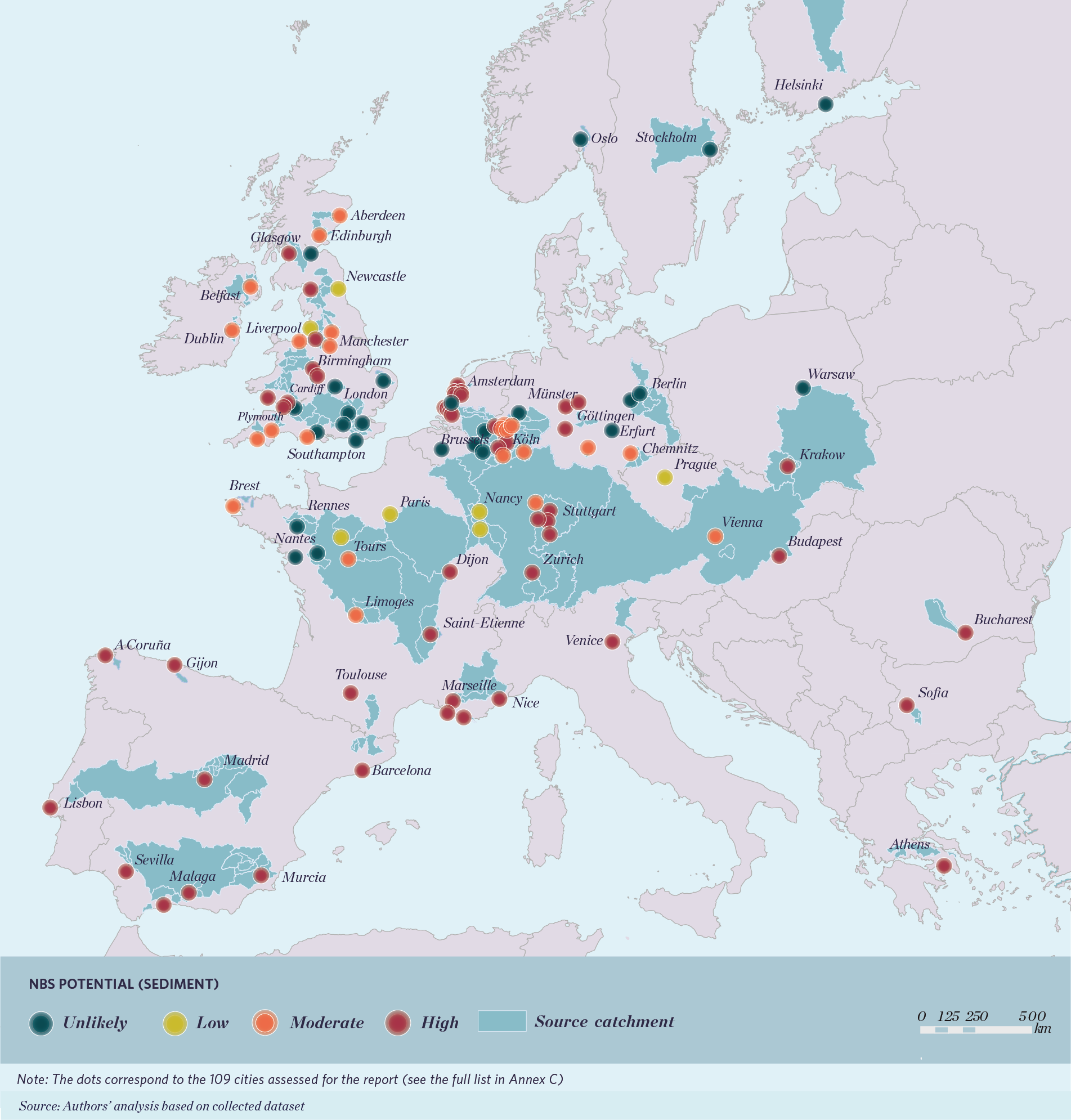 map showing nature-based solutions potential to address sediment for selected cities